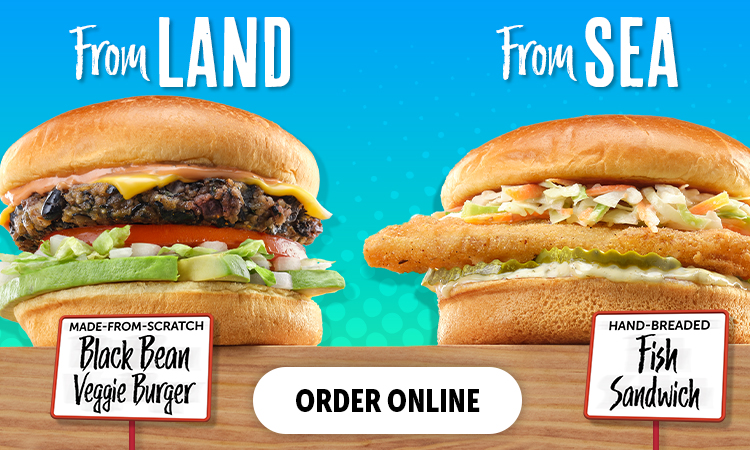 From Land from sea. Made from scratch black bean veggie burger. Hand breaded. Order online. 