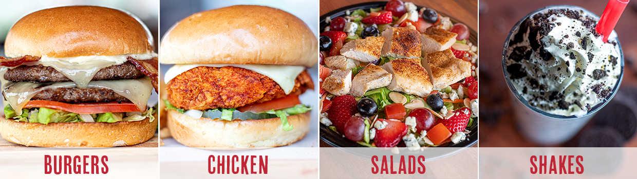 Burger, Chicken Sandwich, and Chicken Salad, and Shake
