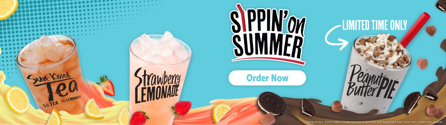 Sippin' on summer: Sun-Kissed Tea, Strawberry Lemonade, and for a limited-time only, Peanut Butter Pie Shake. Order now!