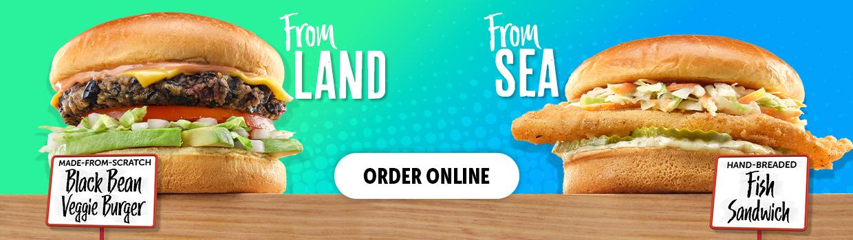 From Land from sea. Made from scratch black bean veggie burger. Hand breaded. Order online. fish sandwich 