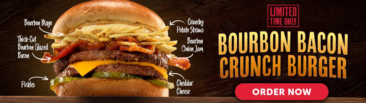 Limited Time Only! Bourbon Bacon Crunch Burger. Order Now. 